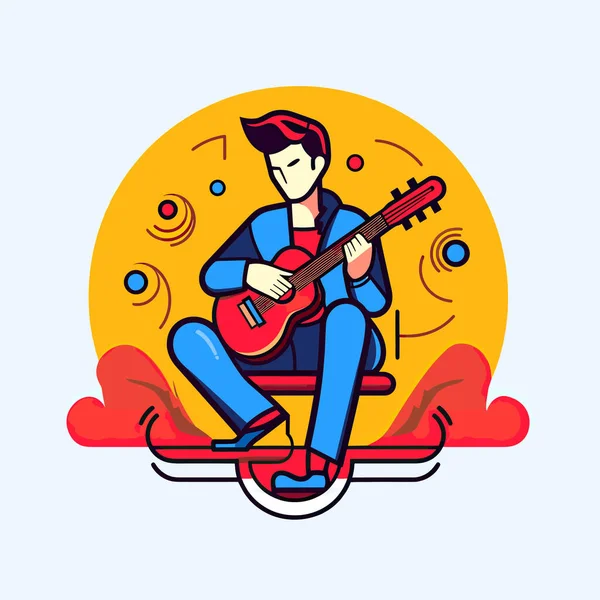 Homem Sentado Num Banco Tocar Guitarra — Vetor de Stock
