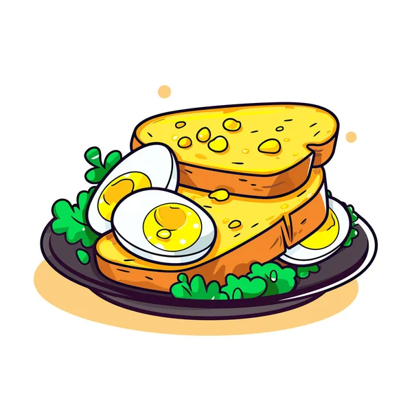 Sepiring Makanan Dengan Telur Dan Roti - Stok Vektor