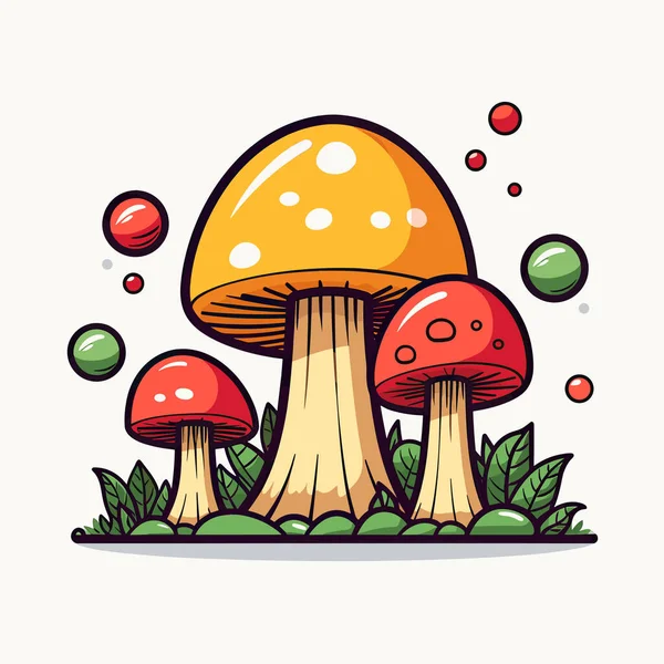 Group Mushrooms Sitting Top Lush Green Field — Stock Vector