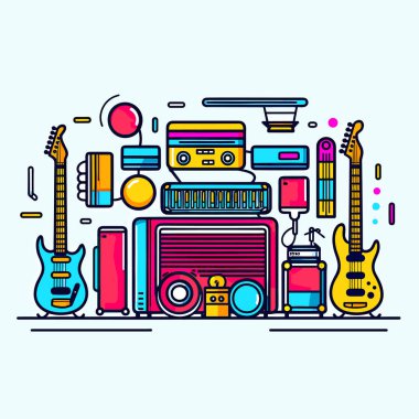 Gitar, gitar ve diğer müzik enstrümanlarının çizimi