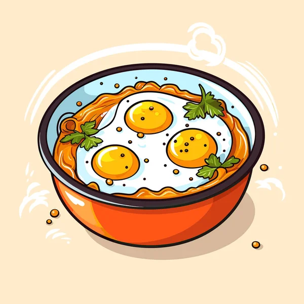 Mangkuk Makanan Dengan Tiga Telur Goreng Dalamnya - Stok Vektor