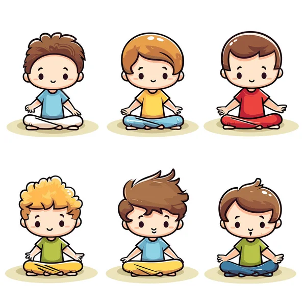 Bir grup çocuk farklı yoga pozları veriyor.