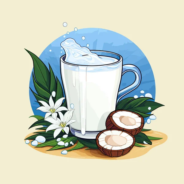 Стакан Молока Немного Кокосов Столе — стоковый вектор