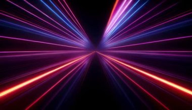 3D neon çizgiler, dijital olarak oluşturulan karanlıkta parlak bir parıltı.