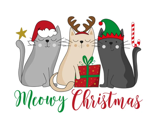 Meowy Christmas Санта Кіт Оленячий Кіт Ельфійський Кіт Різдвяними Подарунками — стоковий вектор