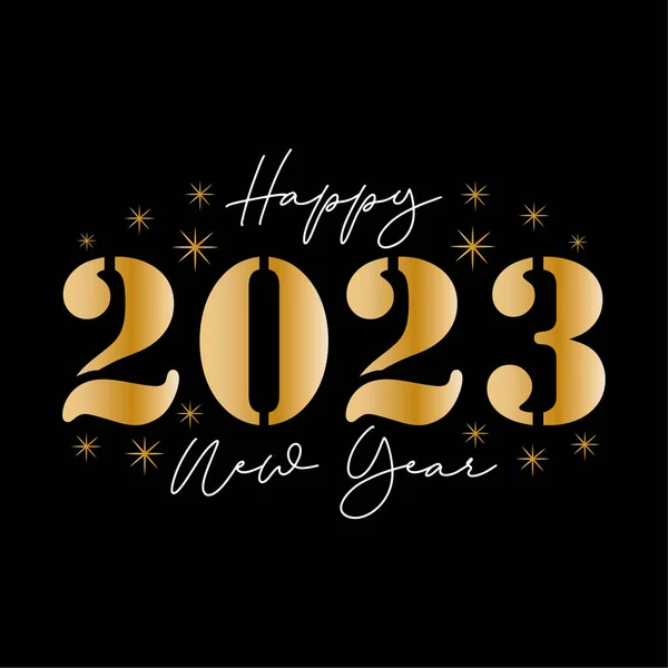 Gelukkig Nieuwjaar 2023 Moderne Wenskaart Gloden Gekleurde Tekst Geïsoleerd Zwarte — Stockvector