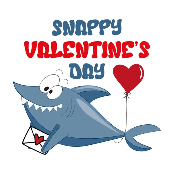 Snappy Valentine Day Vicces Üdvözlés Aranyos Cápa Lufival Levéllel Üdvözlőlap — Stock Vector