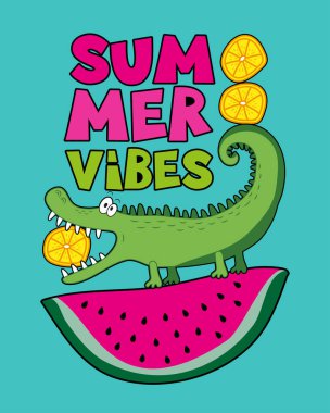 Summer Vibes - karpuz diliminde güzel timsah. Tişört baskısı, poster, kart, etiket, seyahat seti için iyi.