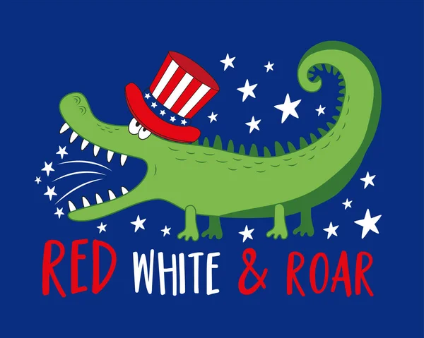 Rosso Bianco Ruggito Divertente Alligatore Cartone Animato Happy Independence Day — Vettoriale Stock