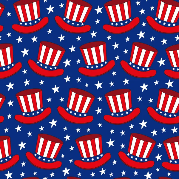 4Th July Background Uncle Sam Hat Stars Seamless Pattern Happy — Stock Vector