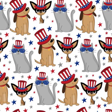 Amerikan vatansever şapkasındaki sevimli kedi ve köpekler kusursuz çocuksu desenler. Kumaş, ambalaj, tekstil, duvar kağıdı ve giysi için komik bir hayvan karakteri. Vektör illüstrasyonu