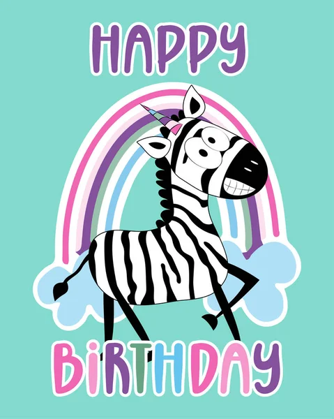 Happy Birthday Lustige Einhorn Zebras Und Regenbogen Gut Für Grußkarte — Stockvektor