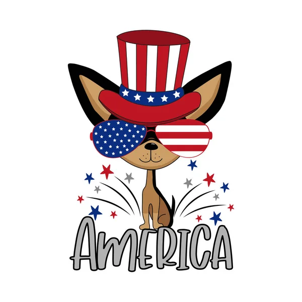 Amérique Texte Avec Chien Aux États Unis Chapeau Patriotique Lunettes — Image vectorielle