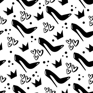 Taçlı ve kalpsiz yüksek topuklu ayakkabılar. Tekstil baskısı, ambalaj ve duvar kağıdı, kaplama ve diğer hediye tasarımları için iyidir..