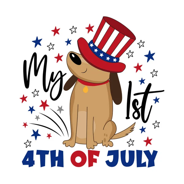 Mijn Eerste Juli Cartoon Hond Oom Sam Hoed Met Vuurwerk — Stockvector