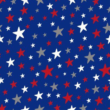 Amerikan renklerinde, kusursuz desenli yıldızlar. ABD ulusal tatil tasarımı.