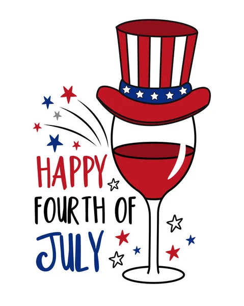 Gelukkige Vierde Juli Wijnglas Amerikaans Gekleurde Hoed Met Vuurwerk Juli — Stockvector