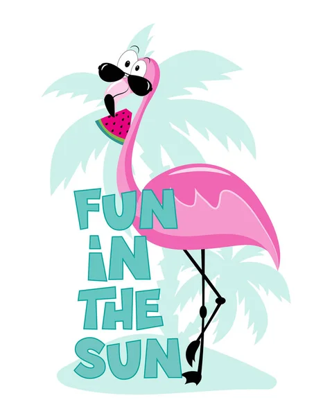 stock vector Fun in the sun - flamingo on the island and with watermelon slice. Funny Summer decoration.