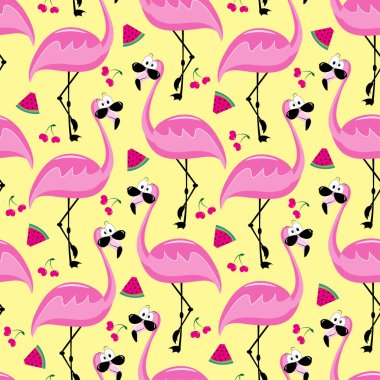 Flamingo pürüzsüz desen ve meyveler. Komik çizgi film Yaz dekorasyonu.