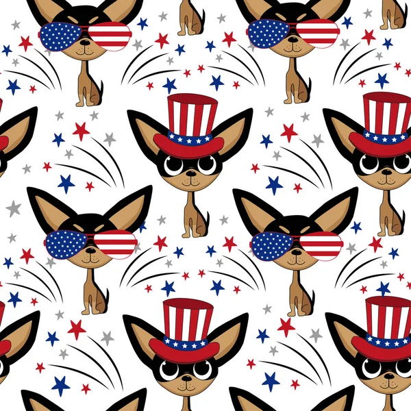 Милі Собаки Американському Патріотичному Капелюсі Безшовні Дитячі Візерунки Цікавий Персонаж — стоковий вектор