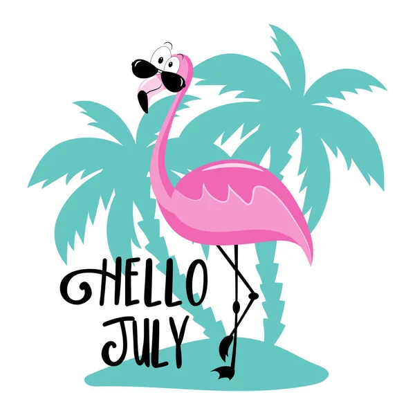こんにちは7月 島のフラミンゴとの幸せな夏の挨拶 グリーティングカード カレンダー 旅行セット ポスターなどのギフトデザインに最適 — ストックベクタ