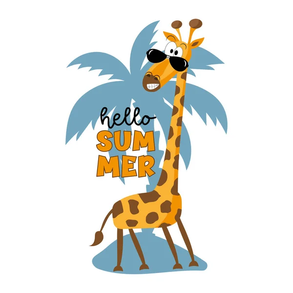 Hello Summer Симпатичный Жираф Солнечных Очках Изолирован Фоне Пальм Хорошо — стоковый вектор