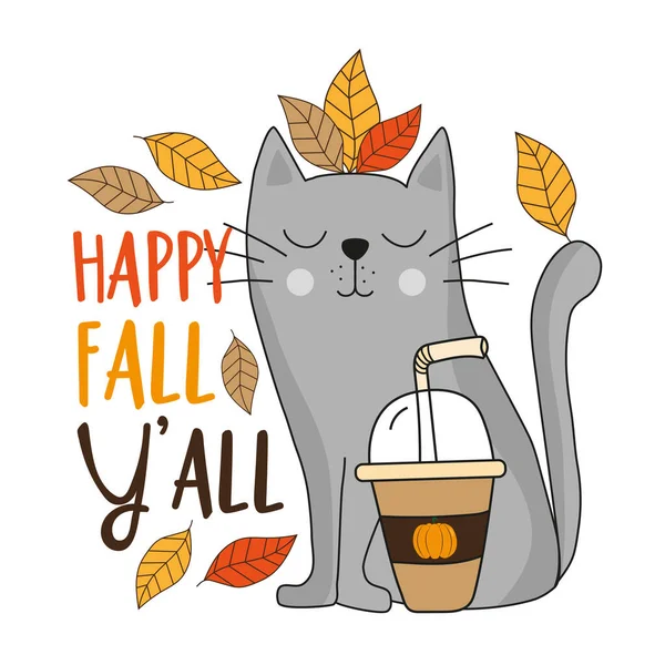 Happy Fall All Funny Slogan Hand Drawn Cat Pumpkin Spice — Stockvektor