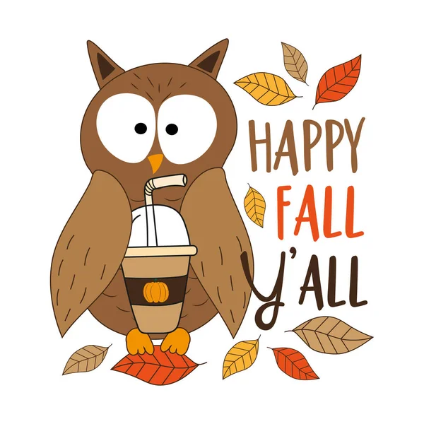 快乐的秋天 有趣的手绘猫头鹰与南瓜调料拿铁 适用于贺卡 T恤衫印刷和其他礼品设计 — 图库矢量图片