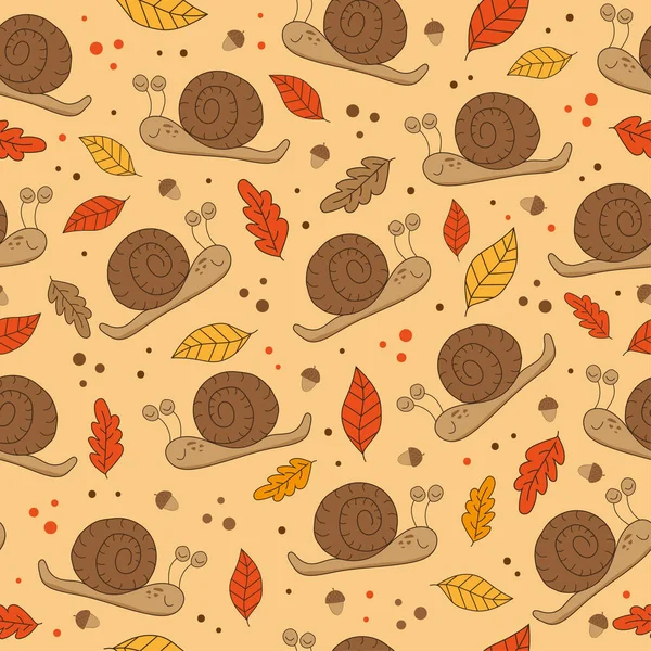 Autumnal Seamless Pattern Snail Acorn Autumn Leaves Good Textile Print — Stock Vector