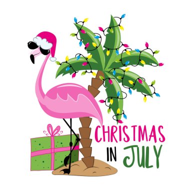 Temmuz 'da Noel' de Noel Baba 'nın şapkasındaki flamingo. Noel ışıklarıyla süslenmiş, beyaz arka planda izole edilmiş bir palmiye ağacı. Tebrik kartı, poster, afiş, tekstil baskısı ve diğer şeyler için iyidir..