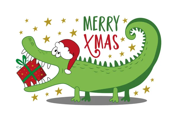 Веселий Xmas Смішний Алігатор Або Крокодил Капелюсі Санта Різдвяним Подарунком — стоковий вектор