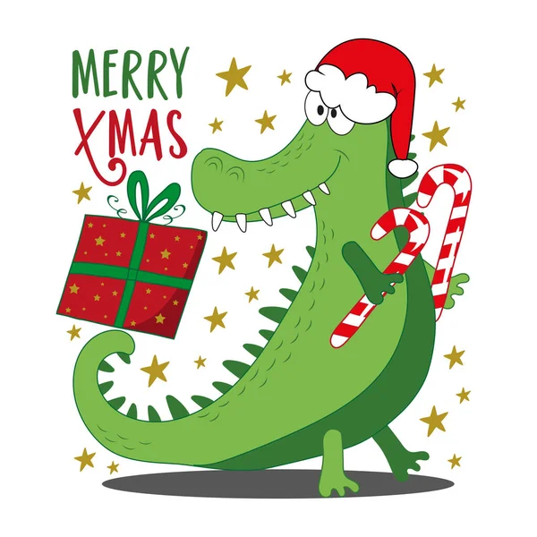 stock vector Merry Xmas - funny alligator or crocodile in Santa's hat, and with candy cane, Christmas present. Good for Baby clothes, greeting card, label, and other gifts design