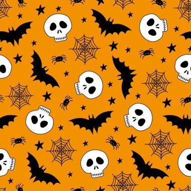 Cadılar Bayramı kusursuz desen, el çizimi kafatası, yarasa, örümcek ve turuncu arka planda izole örümcek ağı. Tekstil baskısı, ambalaj kağıdı ve diğer dekorasyonlar için iyidir.  .