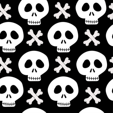 Siyah arka planda kafatası ve kemikler kusursuz. Tekstil baskısı, ambalaj kağıdı, duvar kağıdı, arkaplan ve diğer dekorasyonlar için iyidir..
