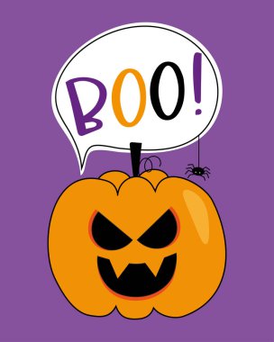 Boo - Cadılar Bayramı balkabağı çizgi filmi ya da mor arka planda izole edilmiş örümcek ve konuşma baloncuklu Jack o feneri. Bebek kıyafetleri, tebrik kartı, poster etiketi ve diğer süslemeler için iyi..