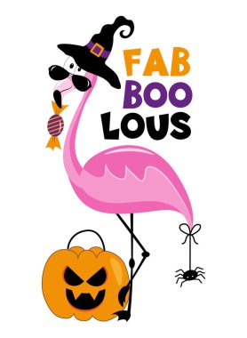 Fab Boo Lous - cadı şapkalı komik flamingo ve şekerli, Jack o lantren ve örümcek. Tişört baskısı, poster, kart, etiket ve Cadılar Bayramı için diğer dekorasyonlar için iyidir..