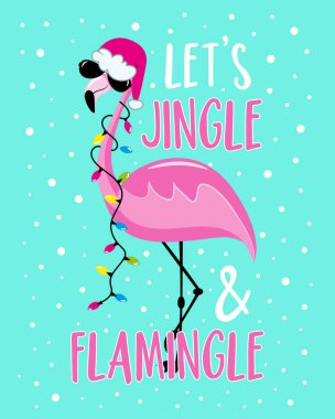 Noel Baba şapkalı flamingo ve Noel ışıkları çelenkli komik bir slogan. Turkuaz arka planda izole edilmiş. Tişört baskısı, poster, kart, tekstil, etiket ve diğer şeyler için iyidir..