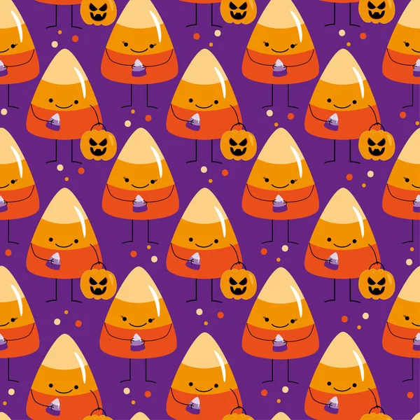 Şekersiz mısır deseni. Mor arka planda balkabağı olan tatlı, gülen şeker mısır. Mutlu Cadılar Bayramı dekorasyonu. Tekstil baskısı, ambalaj ve duvar kağıdı tasarımı için iyidir..