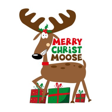 Mutlu İsa Moose - Noel hediyeli komik ren geyiği. Tebrik kartı, tekstil baskısı, etiket ve diğer hediye tasarımı için iyidir..