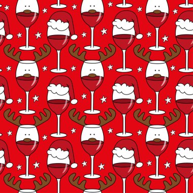 Christmas wineglass seamless pattern. Wine glass in reindeer antler, and santa hat. Good for textile print, wrapping and wall paper design. clipart