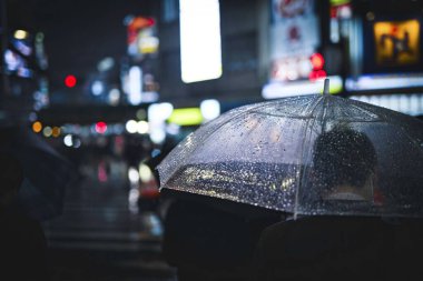 Geceleri şehirde şeffaf bir şemsiyeyle yürüyen bir adam.