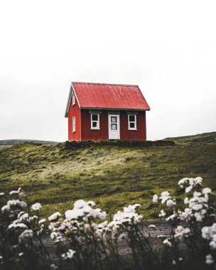 İzlanda 'nın batı fiyortlarındaki kırmızı kulübe.