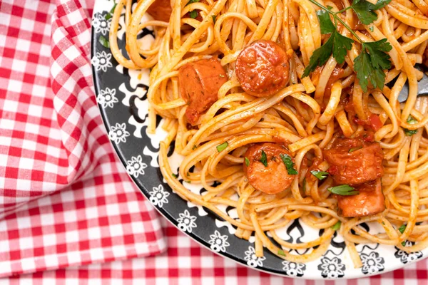 Hearty Pasta Dish Tomato Sauce Sausage Sauce Rustic Table Top — Stock Photo, Image