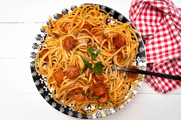 Hearty Italian Pasta Dish Tomato Sauce Sausage Sauce Rustic White — Stock Photo, Image