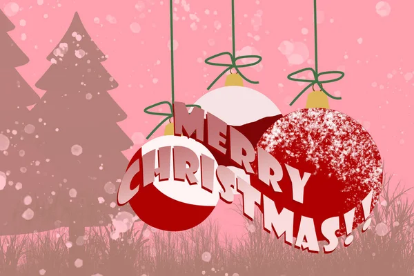 Merry christmas banner with christmas balls and pine trees and snow background. Copy text.