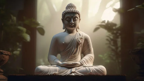 Изображение Созданное Будда Сидит Джунглях Позе Лотоса Медитирует Закрытыми Глазами — стоковое фото