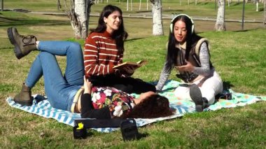 İki arkadaş güneşli bir parkta battaniyenin üzerinde rahatlatıcı bir sohbetten zevk alırlar.