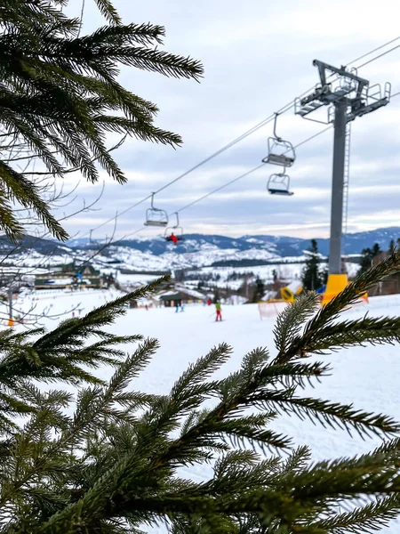 Ski Lift Snowy Mountain Winter Forest Chair Lift Ski Resort — 스톡 사진