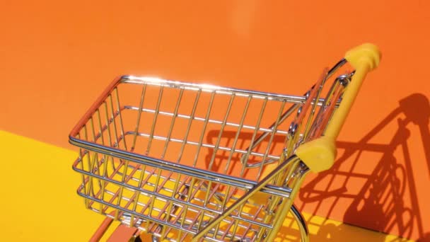 Mão Empurrando Carrinho Brinquedo Supermercado Com Notas 100 Dólares Dinheiro — Vídeo de Stock