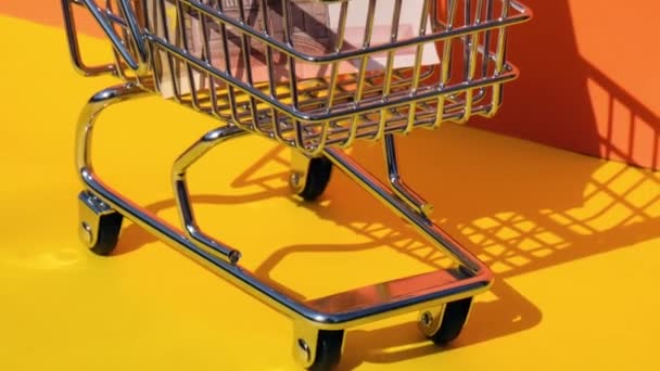 Euro Schein Geld Einkaufswagen Eines Spielwaren Supermarktes Auf Gelbem Hintergrund — Stockvideo